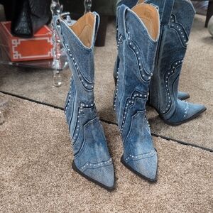 Steve Madden Kylar Distressed Denim Studded Western Boots